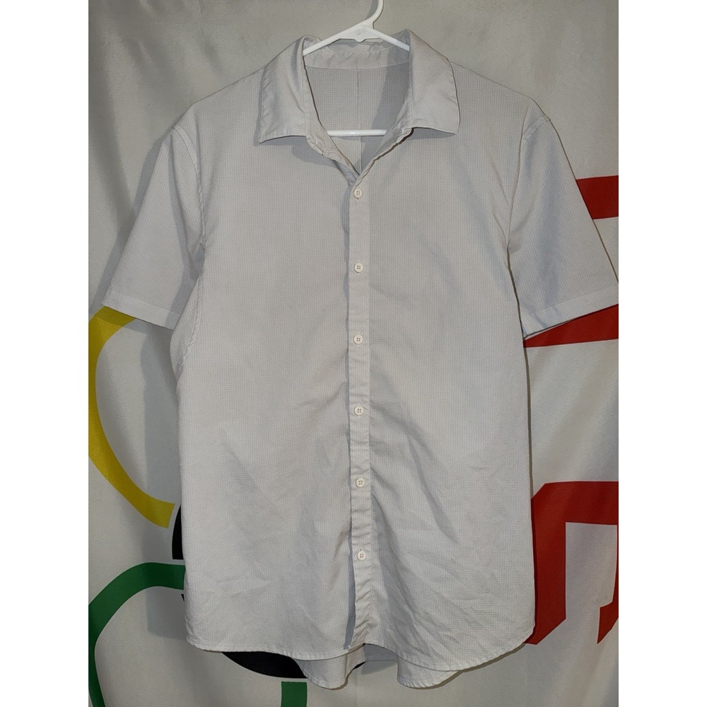 Lululemon Commission Button Up Shirt Mens Medium Gray Short Sleeve Stretch